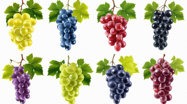 Bunch of grapes with green leaves isolated on white background, top view