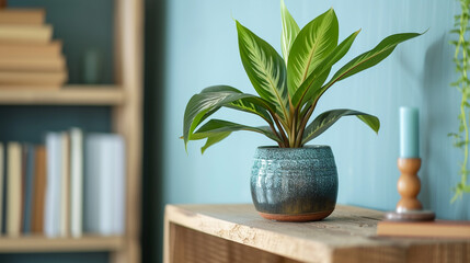 A decorative indoor plant in a stylish pot, placed on a modern bookshelf. 