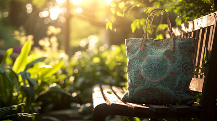 A designer fabric tote bag on a wooden bench in a sunlit garden. 
