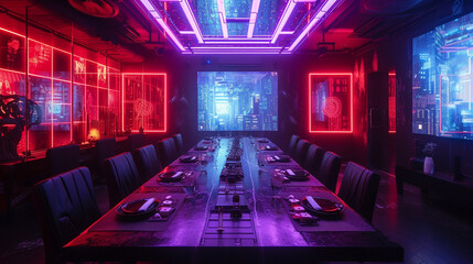 Explore a cyberpunk-inspired dining room with holographic table settings, neon accents, and...