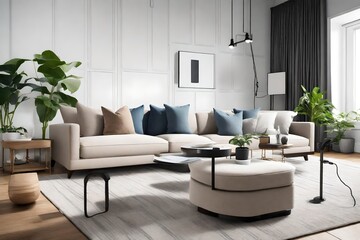 Create a tech-friendly living room with hidden charging stations and smart home integration 