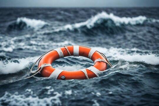 Lifebuoy floating on sea in storm weather , background is blurr. 