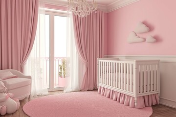 Beautiful interior of baby room with crib pink color