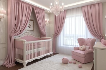 Beautiful interior of baby room with crib pink color