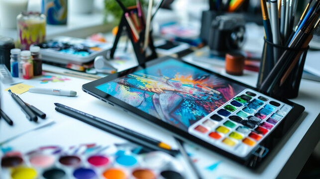 A digital drawing tablet and stylus on a creative workspace, with sketches and color palettes around. 