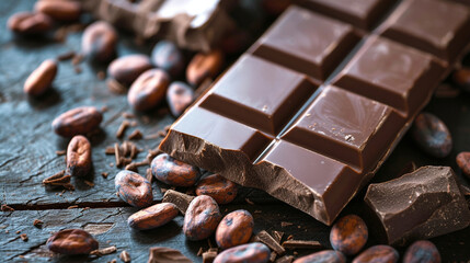A gourmet chocolate bar partially unwrapped, lying on a dark wood surface with cocoa beans around...