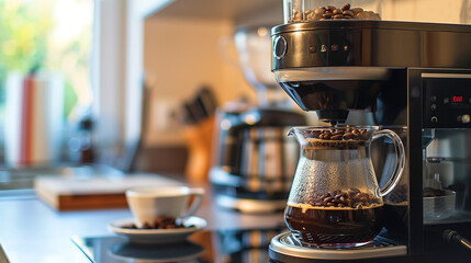 A gourmet coffee maker on a kitchen counter, with freshly brewed coffee in a glass carafe. 
