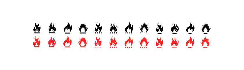 Fire icon set. Fire collection. Silhouette and flat style. Vector icons