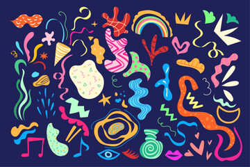 Collection of abstract funny cards, party, carnival, fun, active, festival with doodles, hype, dance, exciting, birthday, kid, illustration, elements, celebration, holiday, design, decorative, night