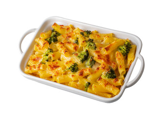 Pasta baked with broccoli and chicken. Broccoli, cheese and gratin sauce on baked penne pasta.