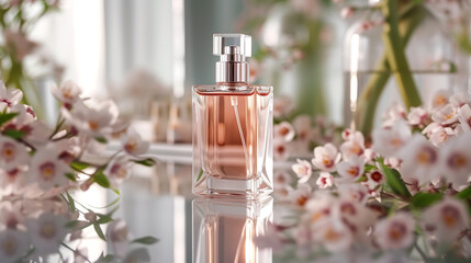 A high-end perfume bottle on a mirrored vanity, surrounded by delicate flowers.  - obrazy, fototapety, plakaty
