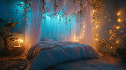 Explore a whimsical fairy tale bedroom with a canopy bed draped in sheer fabric, twinkling fairy lights, and whimsical wall murals, creating a dreamlike escape.  - obrazy, fototapety, plakaty