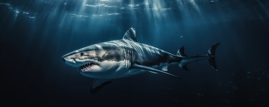 photo Nice big white shark in the dark with space for text wild ocean life and danger from darkness. Creative Banner. Copyspace image