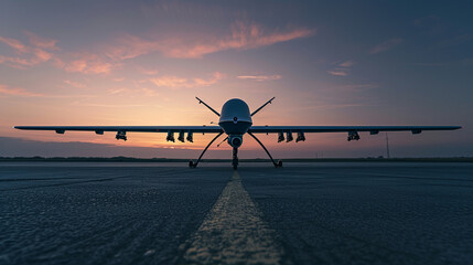 A high-tech drone on a launchpad, ready for flight at dawn with a clear sky background. 