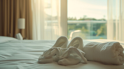 A luxurious bathrobe and spa slippers on a plush hotel bed, with a serene view out the window. 