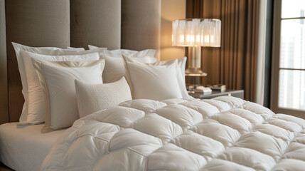 A luxury bedding set on a king-sized bed, with plush pillows and a soft duvet. 
