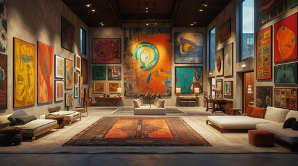 Explore an art collector's haven, where each wall is a canvas, adorned with masterpieces, lit by carefully positioned spotlights to create a museum-like ambiance. 