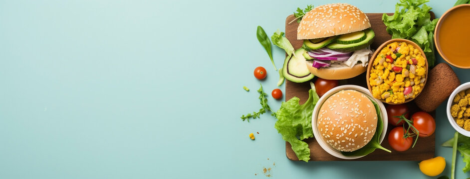 Wide view from above banner image of Vegetarian Day food banner with different types of vegetables and fruit items in a manner on teal blue color wooden table background mockup