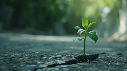 Small green plant growing out of crack in asphalt road. Environmental problems, urbanization, hope and new beginnings - obrazy, fototapety, plakaty