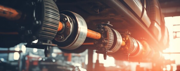 spring replacement car suspension repair in the garage. - obrazy, fototapety, plakaty