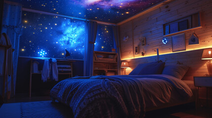 Immerse yourself in a celestial-themed bedroom with a star projector, galaxy-printed bedding, and illuminated constellations on the ceiling, creating a dreamy nighttime escape. 