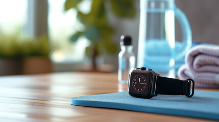 A modern smartwatch on a fitness mat, with a water bottle and towel in the background. 