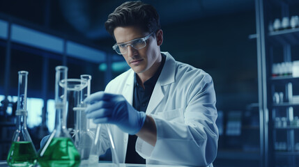 Fototapeta na wymiar scientist holding a beaker and test tube containing some chemical, scientist performing chemical experiment in research lab, scientific research concept, medical expert making a medicine