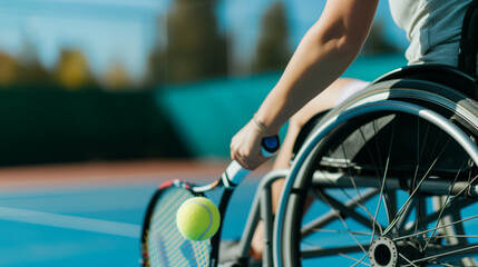 Close-up candid image of a disabled wheelchair user playing tennis. AI generated