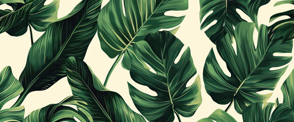 Exotic Tropic Nature: A Lush Jungle Pattern of Palm Leaves, Floral Botanical Illustration on Green Background. - obrazy, fototapety, plakaty