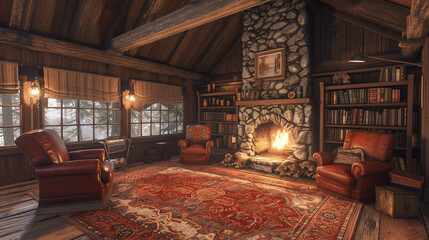 Immerse yourself in a cozy cabin retreat, featuring a stone fireplace, rustic wooden beams, and oversized leather chairs, exuding warmth and tranquility.  - obrazy, fototapety, plakaty