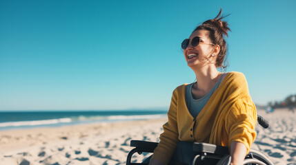 Fototapeta na wymiar Happy disabled woman in a wheelchair relaxing on a beach. AI generated