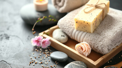 A set of artisanal soaps on a wooden tray, with a fluffy towel and spa stones beside it. 