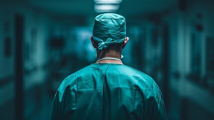 Surgeon performing surgery in hospital operating room, back view, medical concept image