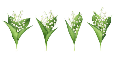 Set of watercolor bouquets of lilies of the valley. Hand drawn botanical clipart on white background