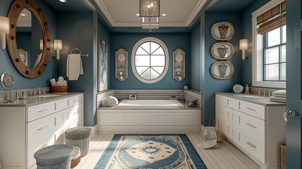 Immerse yourself in a nautical-themed bathroom with ship wheel mirrors, porthole-inspired windows, and marine blue accents, creating a serene seascape within your home. 
