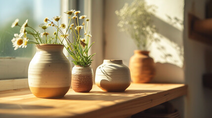 A set of handcrafted ceramic vases on a wooden shelf, with natural light from a nearby window. 