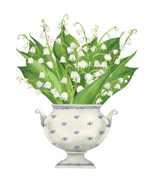 Bouquet of lilies of the valley in a porcelain vase. Watercolor vintage botanical illustration on white background