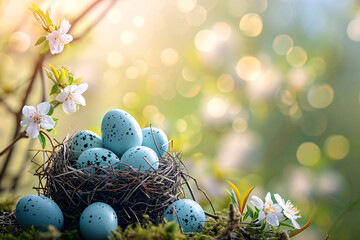 Fototapeta na wymiar A nest in a sunny flower meadow with blue colored Easter eggs