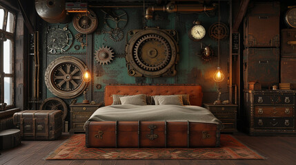 Immerse yourself in a steampunk-themed bedroom with intricate gears, vintage trunks, and Edison bulb lighting, creating a timeless and industrial sleeping sanctuary. 