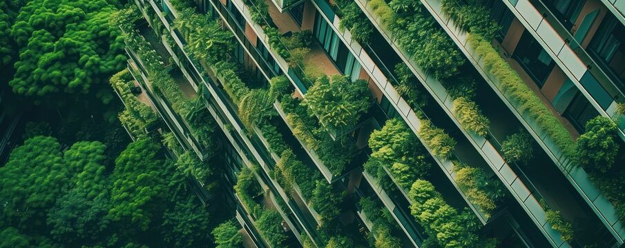 Verdant balconies cascade down a high-rise, blending architecture with nature