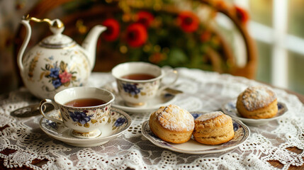 Obraz na płótnie Canvas A set of vintage tea cups on a lace tablecloth, with a teapot and fresh scones. 