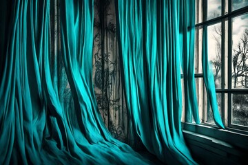 In an artistic perspective, a Cyan-colored curtain hangs against a window. 