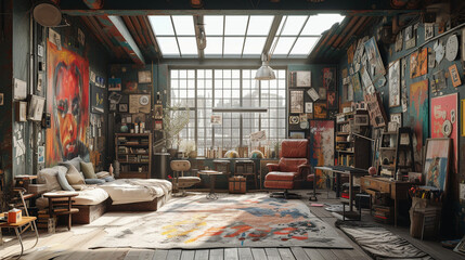 Immerse yourself in an artist's loft-inspired studio with a vast skylight, industrial furniture, and walls adorned with ever-changing digital art, fostering creativity and inspiration.  - obrazy, fototapety, plakaty