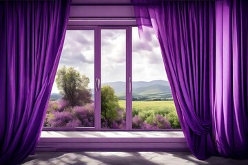 Artistic view, Purple color curtain against a window. 