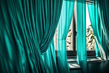 Artistic view, Turquoise color curtain against a window. 