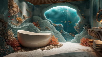Immerse yourself in an underwater-themed bathroom, where mosaic tiles resembling ocean waves and a coral-inspired bathtub create a tranquil aquatic escape.  - obrazy, fototapety, plakaty