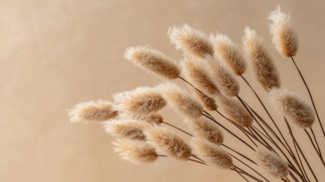 Dried fluffy rabbit tail grass on a beige background