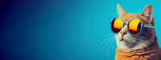 Portrait of a cat in sunglasses on a blue background. Free space for product placement or advertising text.