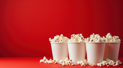 Paper popcorn cups isolated on red studio background with copy space.