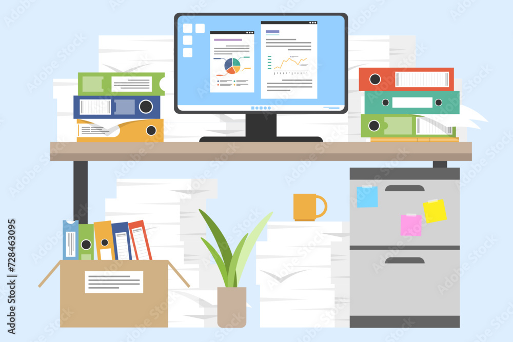 Poster pile of paper documents and file folders on desk with monitor, unorganized document on table, workta
